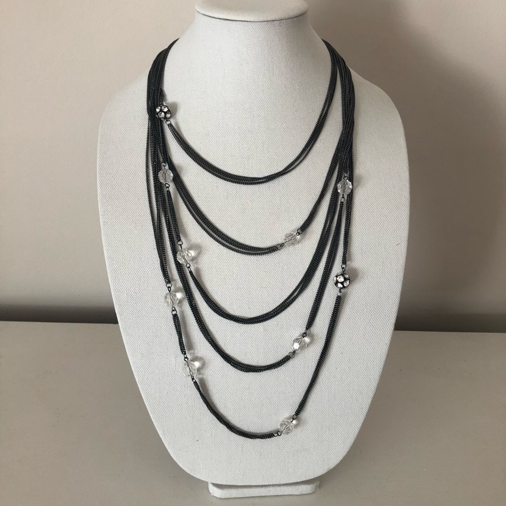 5 layer necklace in gunmetal with clear and crystal beads.